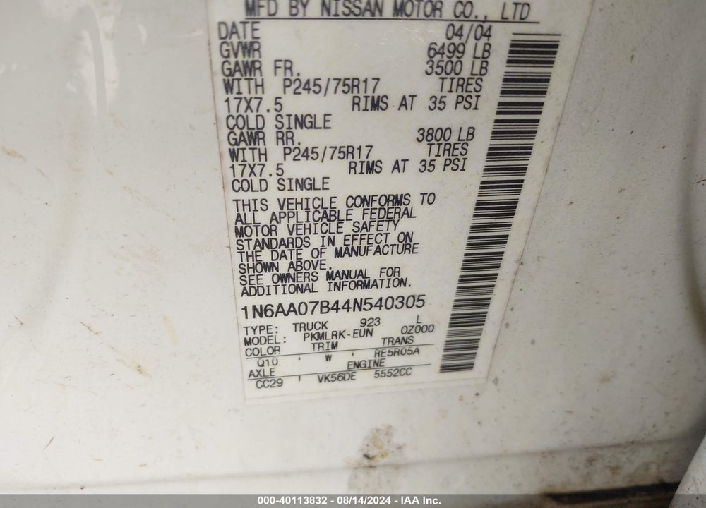 2004 NISSAN TITAN XE VIN: 1N6AA07B44N540305