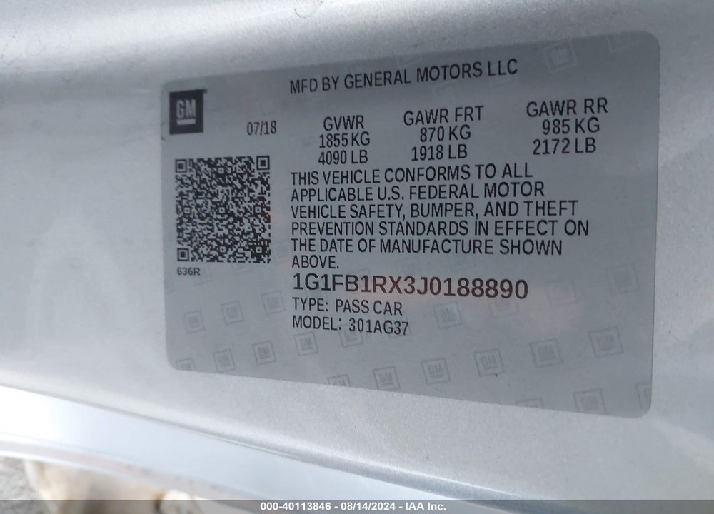 2018 CHEVROLET CAMARO 1LT VIN: 1G1FB1RX3J0188890