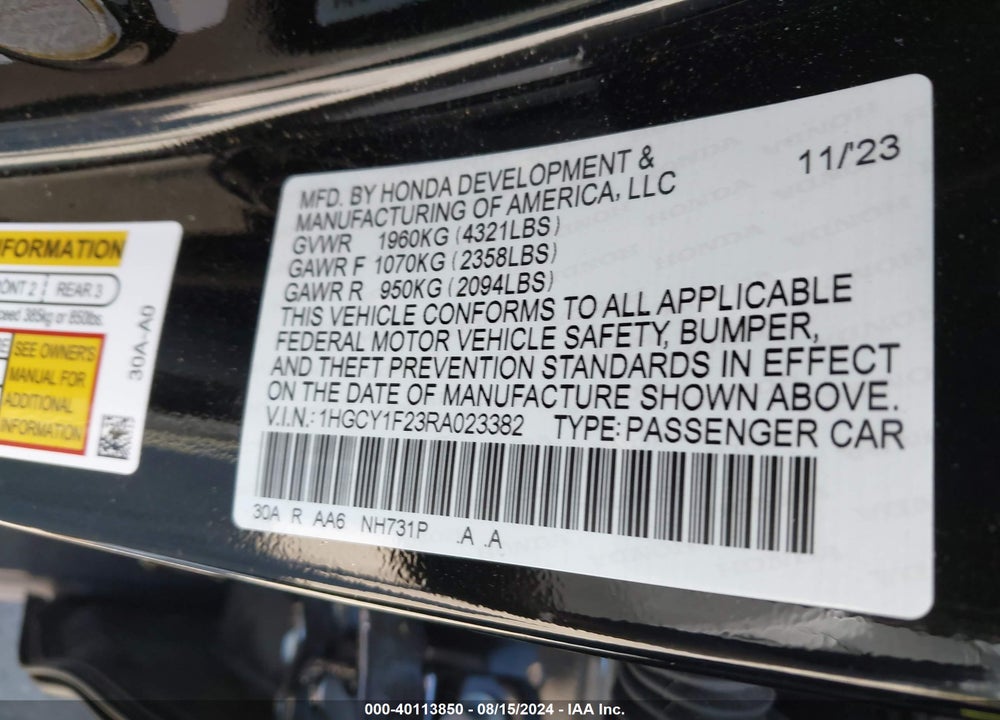 2024 HONDA ACCORD LX VIN: 1HGCY1F23RA023382