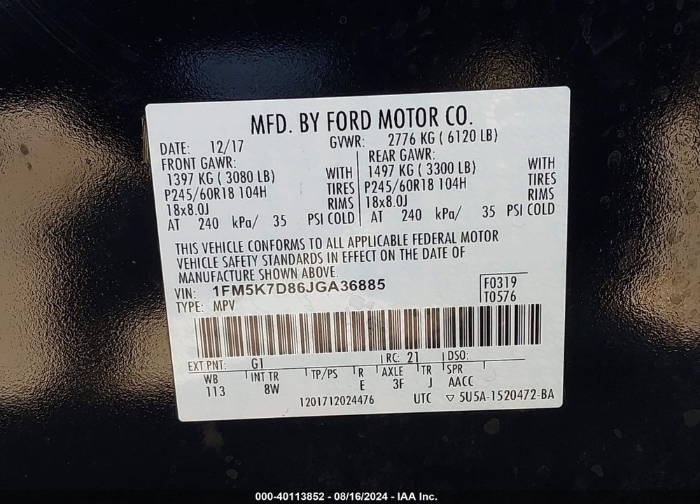 2018 FORD EXPLORER XLT VIN: 1FM5K7D86JGA36885