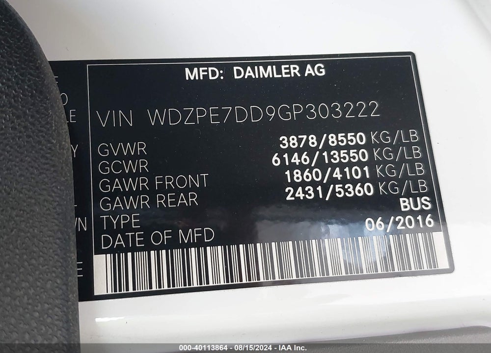 2016 MERCEDES-BENZ SPRINTER 2500 NORMAL ROOF VIN: WDZPE7DD9GP303222