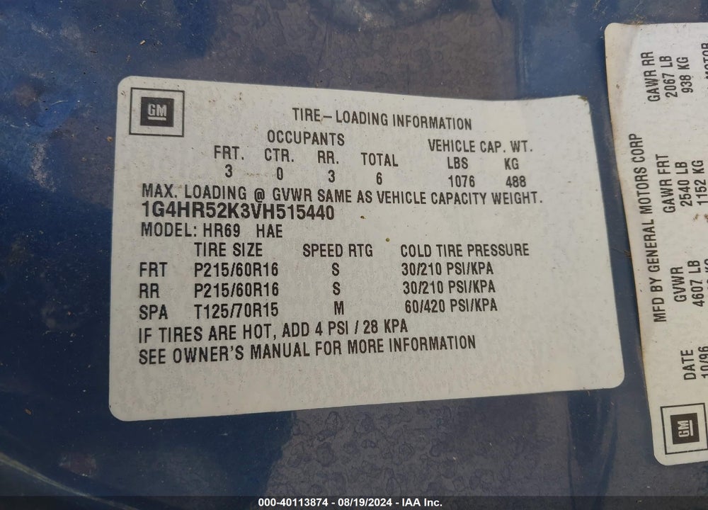 1997 BUICK LESABRE LIMITED VIN: 1G4HR52K3VH515440