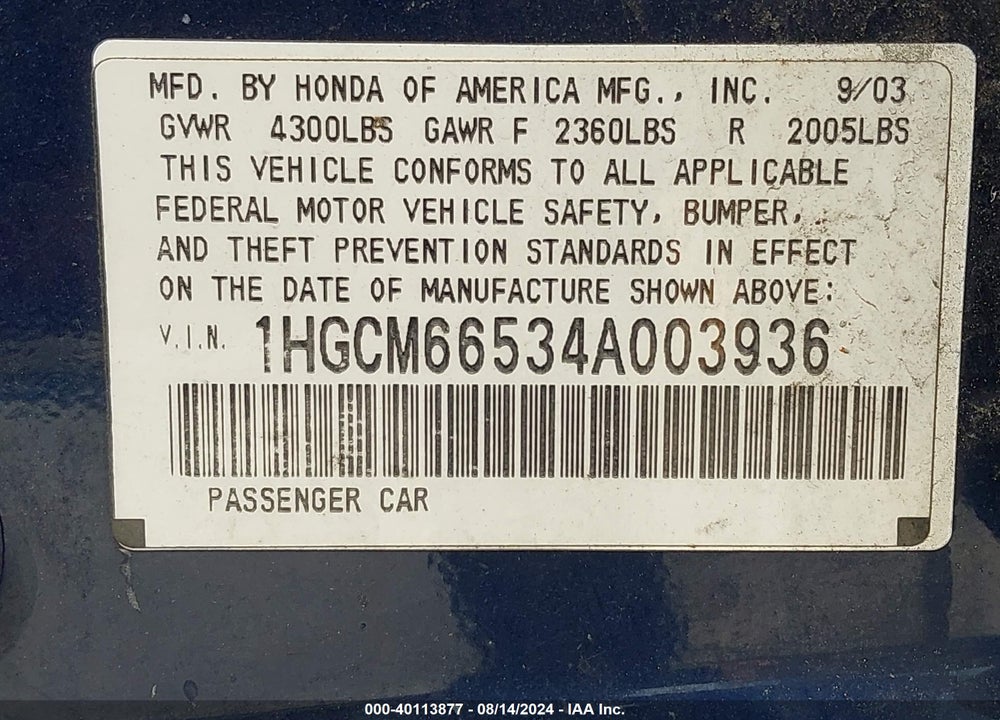 2004 HONDA ACCORD 3.0 EX VIN: 1HGCM66534A003936