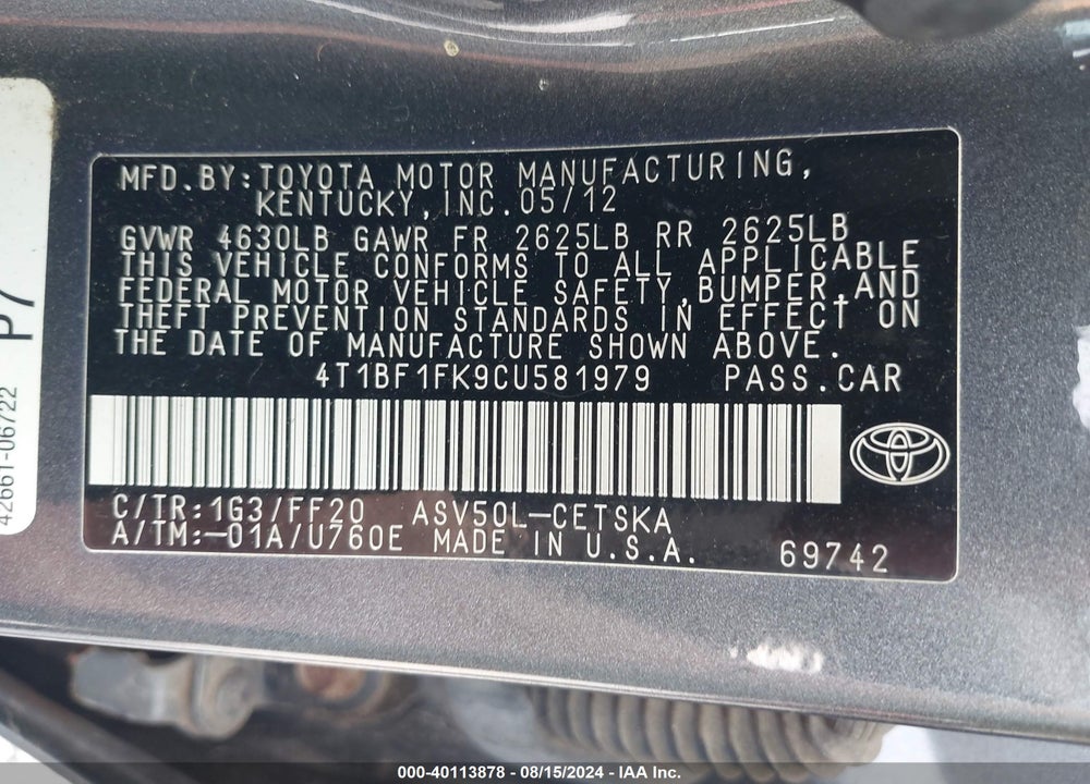 2012 TOYOTA CAMRY SE VIN: 4T1BF1FK9CU581979