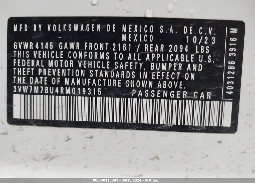 2024 VOLKSWAGEN JETTA 1.5T SE VIN: 3VW7M7BU4RM019315