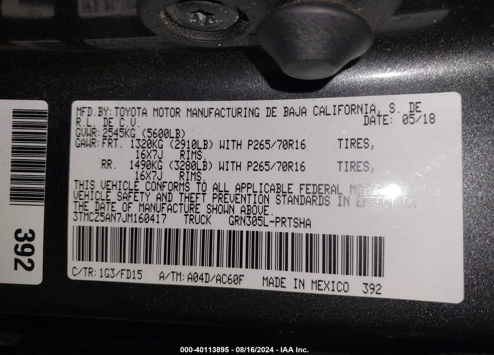 2018 TOYOTA TACOMA TRD OFF ROAD VIN: 3TMCZ5AN7JM160417