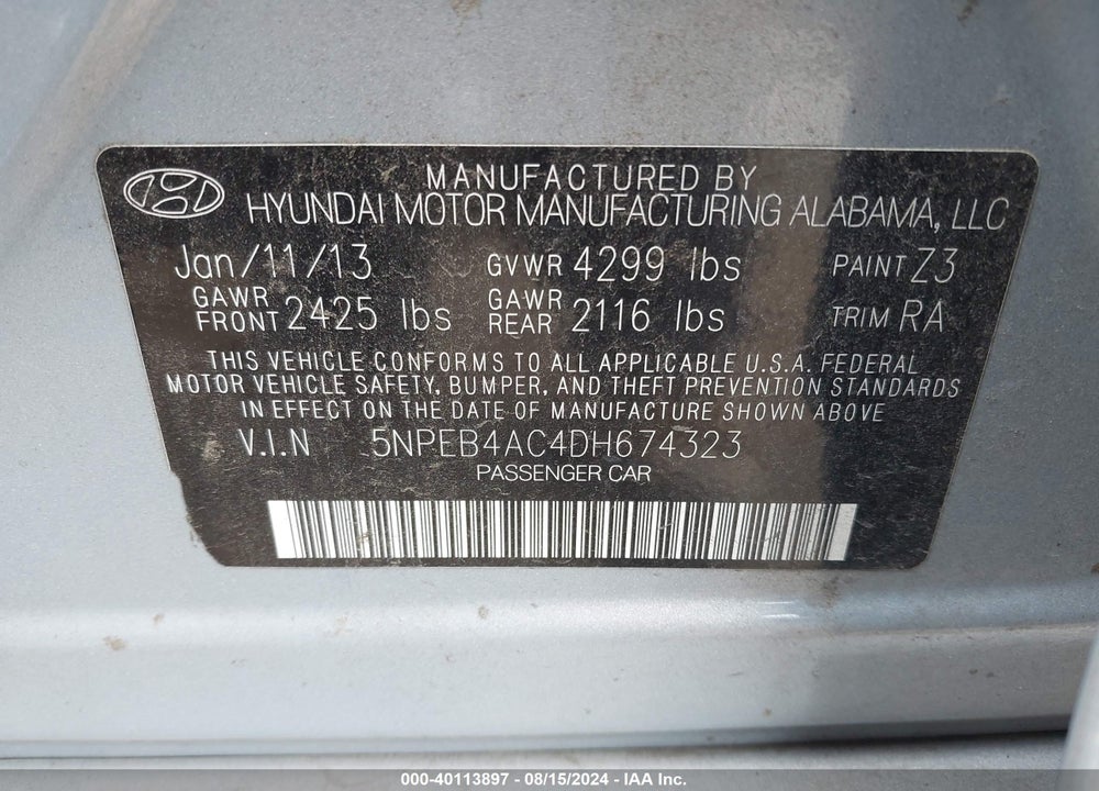 2013 HYUNDAI SONATA GLS VIN: 5NPEB4AC4DH674323