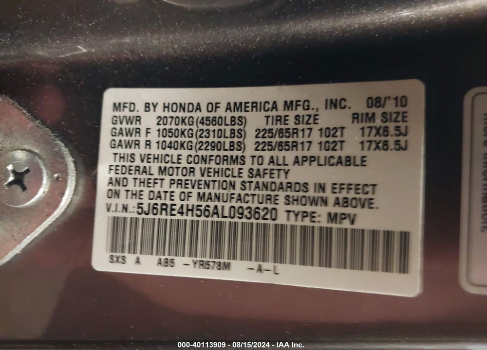 2010 HONDA CR-V EX VIN: 5J6RE4H56AL093620