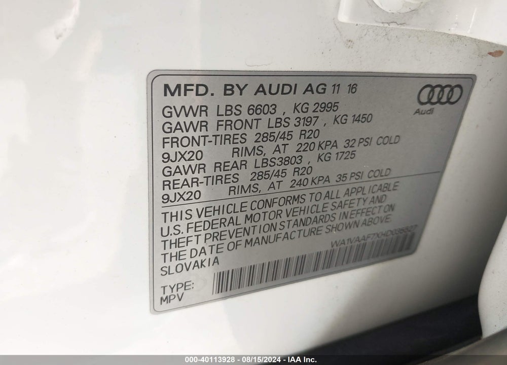 2017 AUDI Q7 3.0T PREMIUM VIN: WA1VAAF7XHD035527