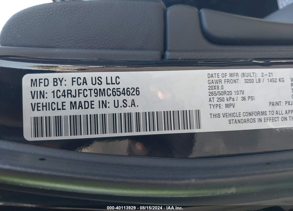 2021 JEEP GRAND CHEROKEE HIGH ALTITUDE 4X4 VIN: 1C4RJFCT9MC654626
