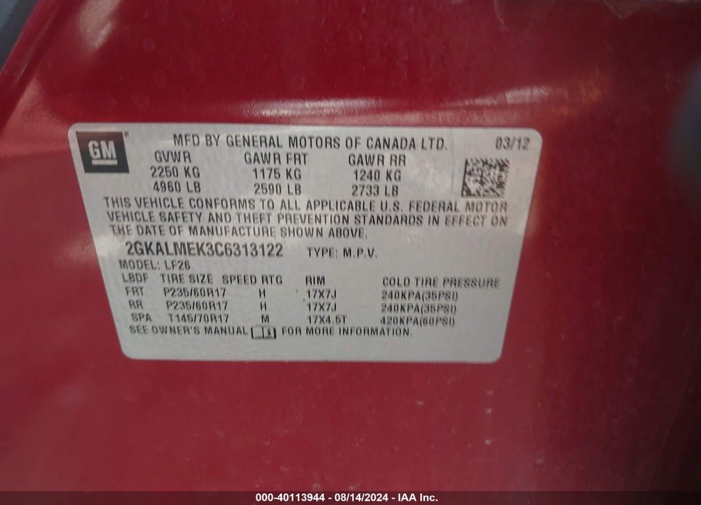 2012 GMC TERRAIN VIN: 2GKALMEK3C6313122