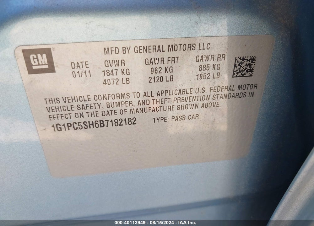 2011 CHEVROLET CRUZE LS VIN: 1G1PC5SH6B7182182