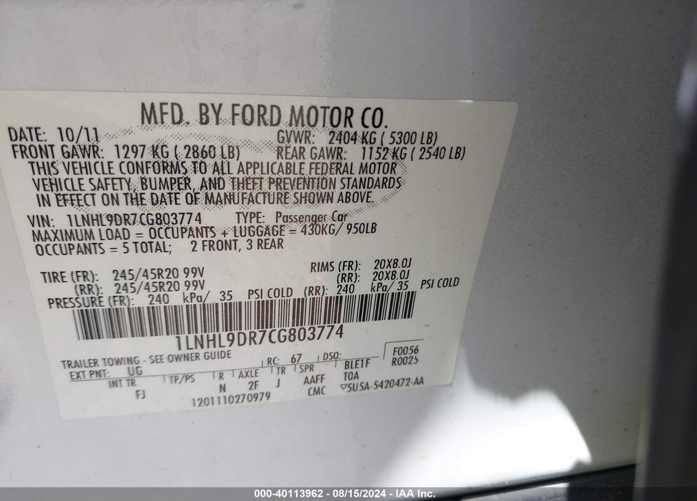 2012 LINCOLN MKS VIN: 1LNHL9DR7CG803774