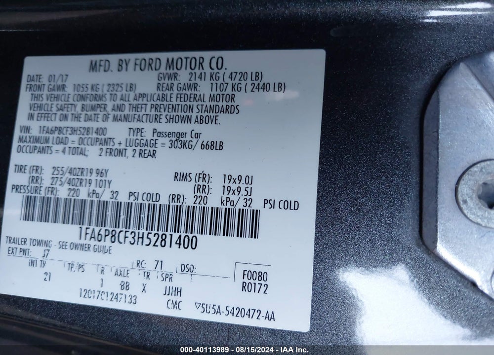 2017 FORD MUSTANG GT VIN: 1FA6P8CF3H5281400