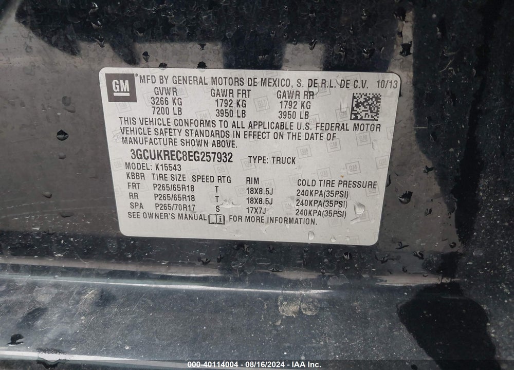 2014 CHEVROLET SILVERADO 1500 2LT VIN: 3GCUKREC8EG257932