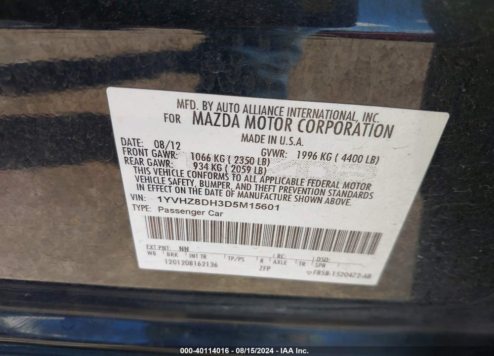 2013 MAZDA 6 I TOURING VIN: 1YVHZ8DH3D5M15601