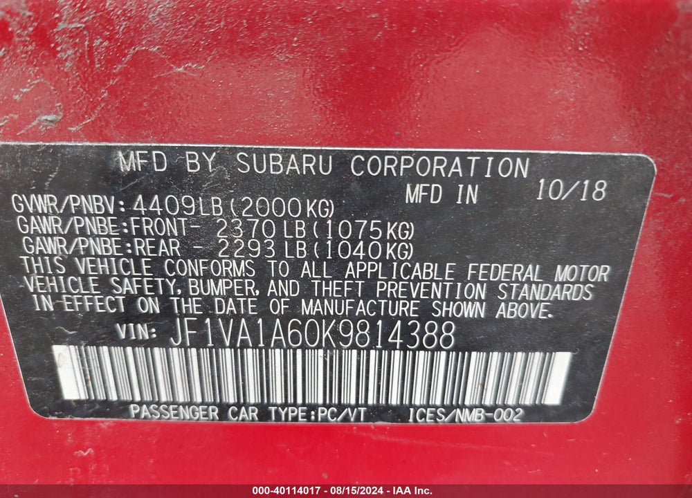 2019 SUBARU WRX VIN: JF1VA1A60K9814388