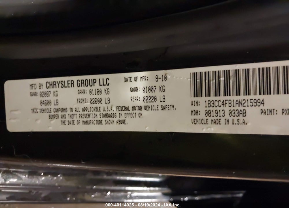 2010 AVENGER DODGE  SXT VIN: 1B3CC4FB1AN215994