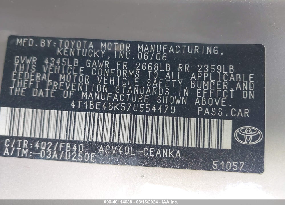 2007 TOYOTA CAMRY VIN: 4T1BE46K57U554479