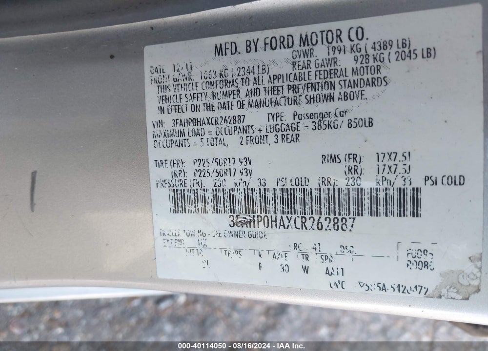 2012 FORD FUSION VIN: 3FAHP0HAXCR262887