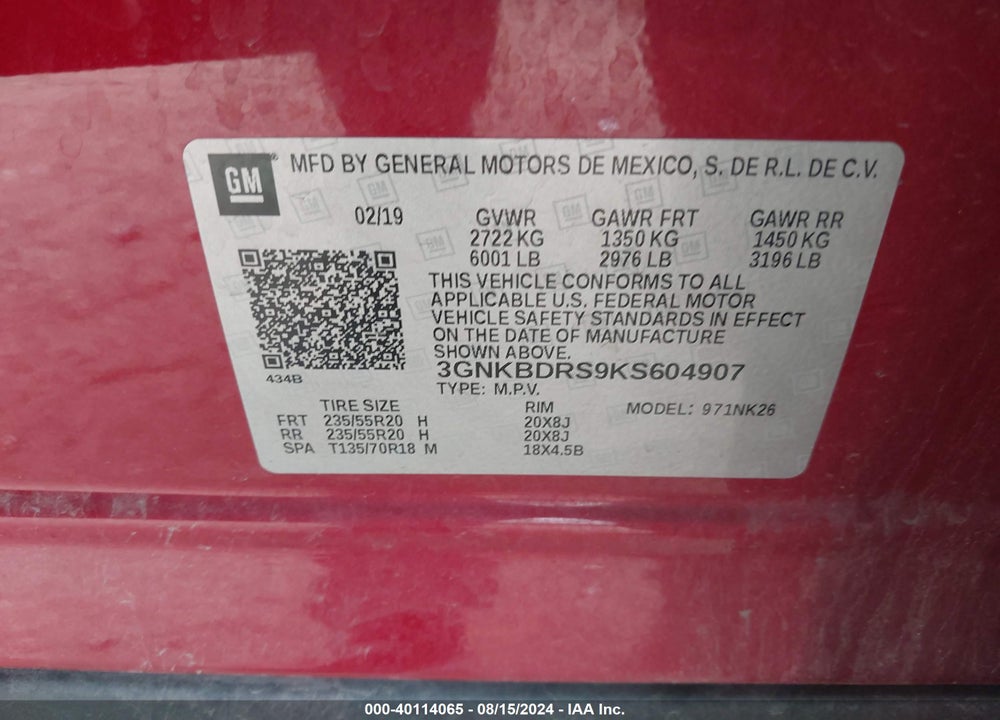 2019 CHEVROLET BLAZER VIN: 3GNKBDRS9KS604907