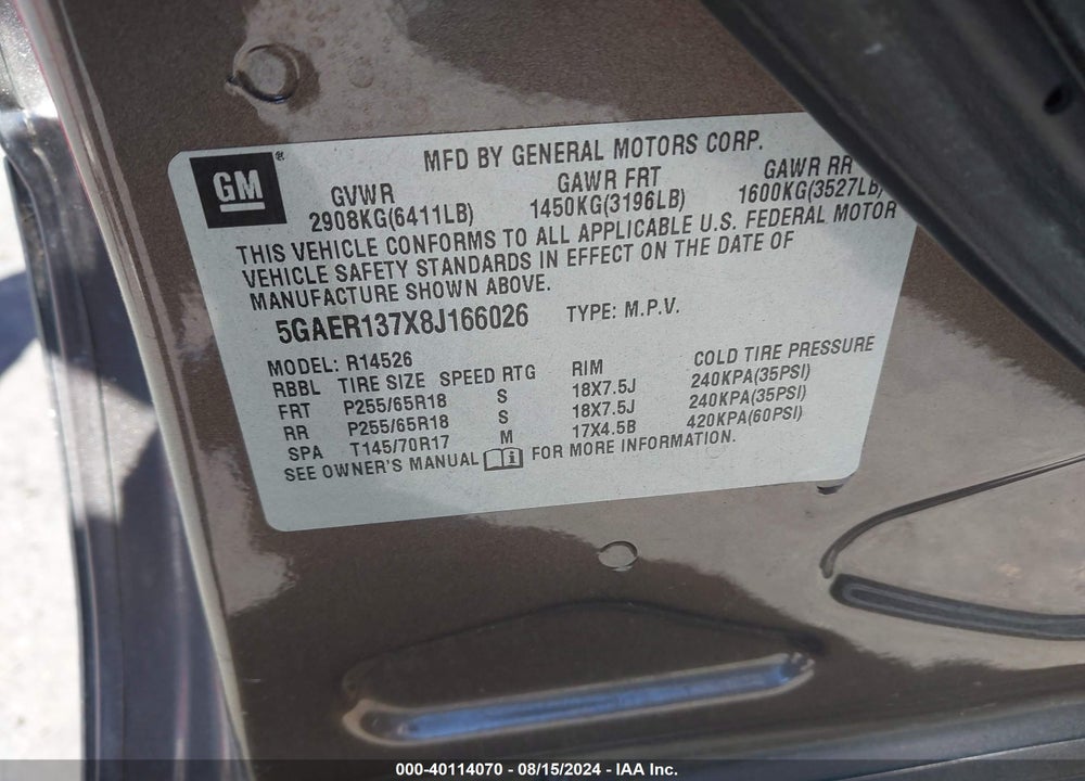2008 BUICK ENCLAVE CX VIN: 5GAER137X8J166026