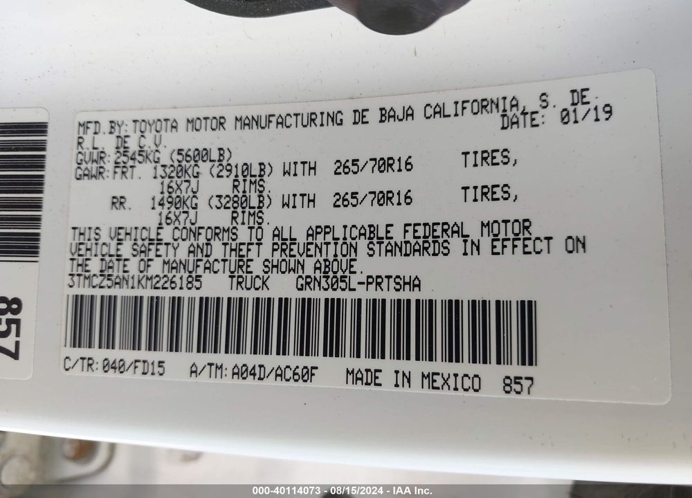 2019 TOYOTA TACOMA TRD OFF ROAD VIN: 3TMCZ5AN1KM226185