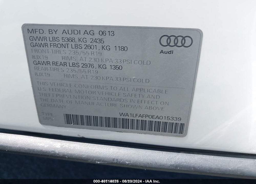 2014 AUDI Q5 2.0T PREMIUM VIN: WA1LFAFP0EA015339