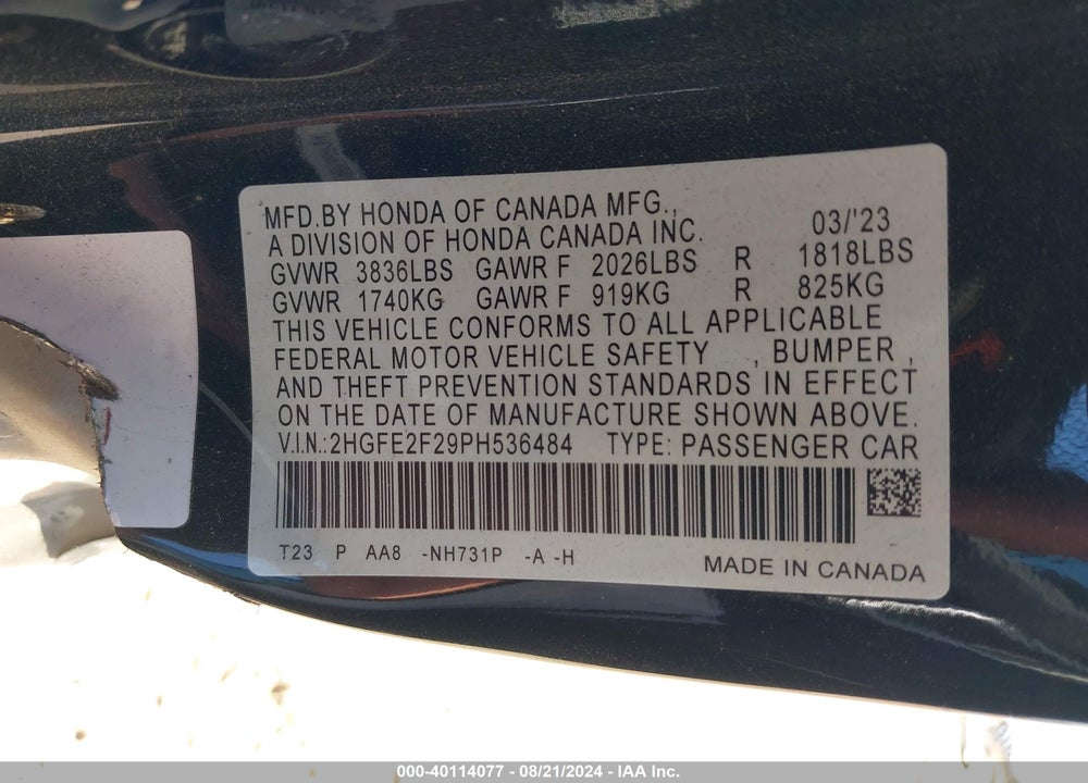 2023 HONDA CIVIC LX VIN: 2HGFE2F29PH536484