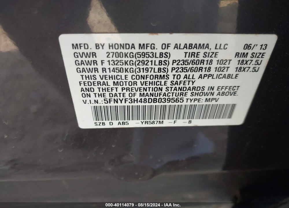 2013 HONDA PILOT EX VIN: 5FNYF3H48DB039565