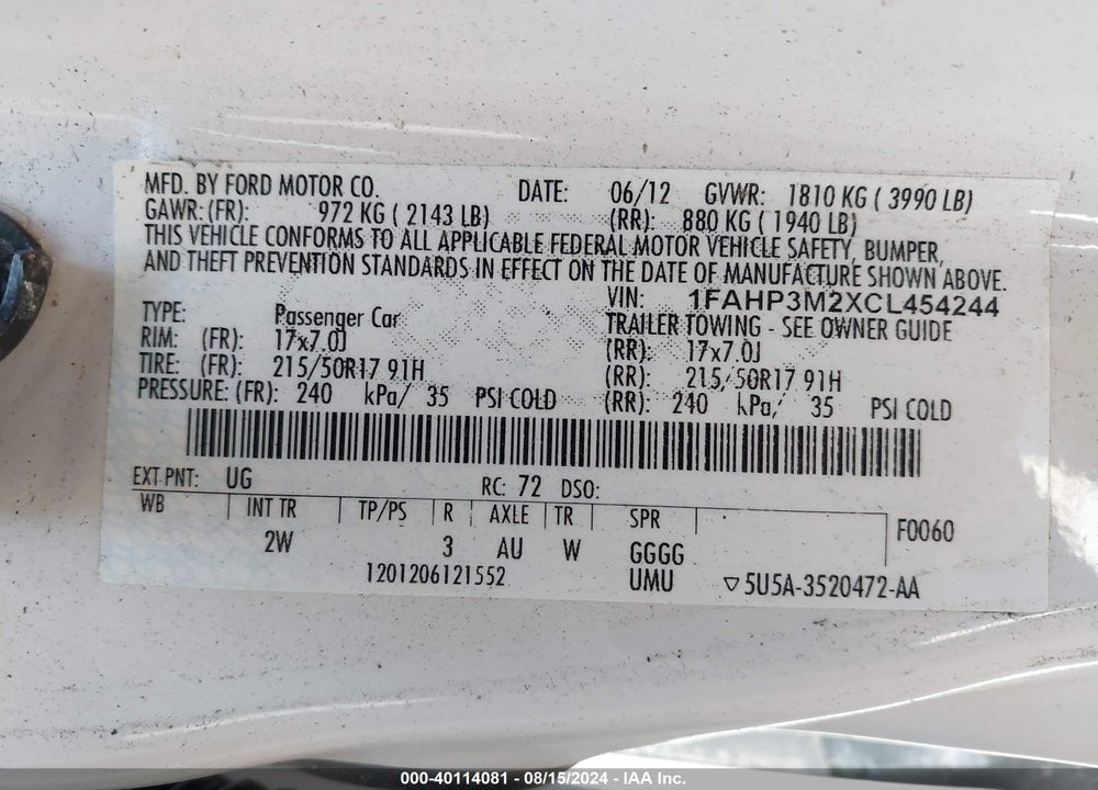 2012 FORD FOCUS SEL VIN: 1FAHP3M2XCL454244