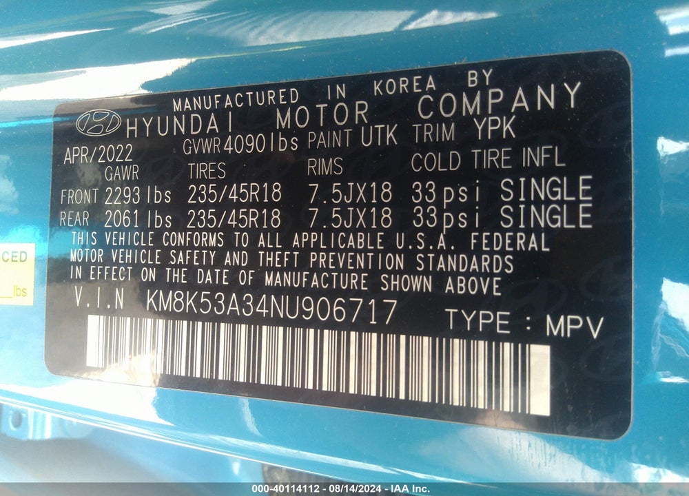 2022 HYUNDAI KONA LIMITED VIN: KM8K53A34NU906717