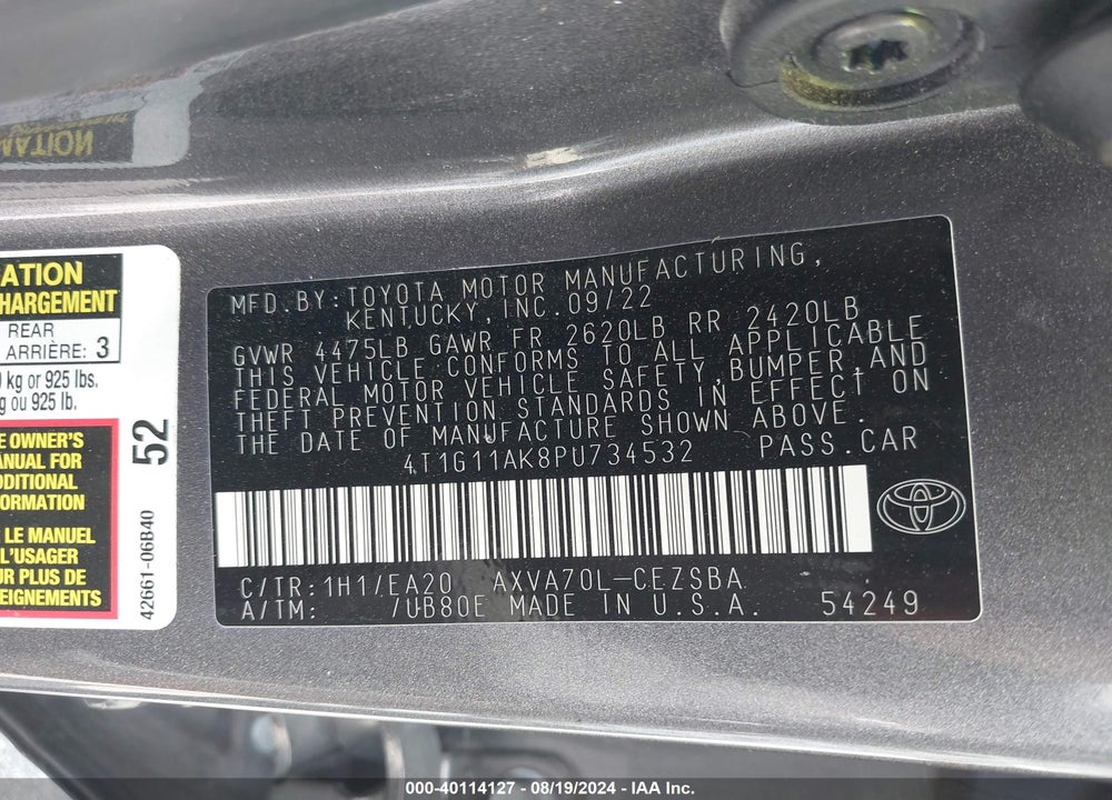2023 TOYOTA CAMRY SE VIN: 4T1G11AK8PU734532