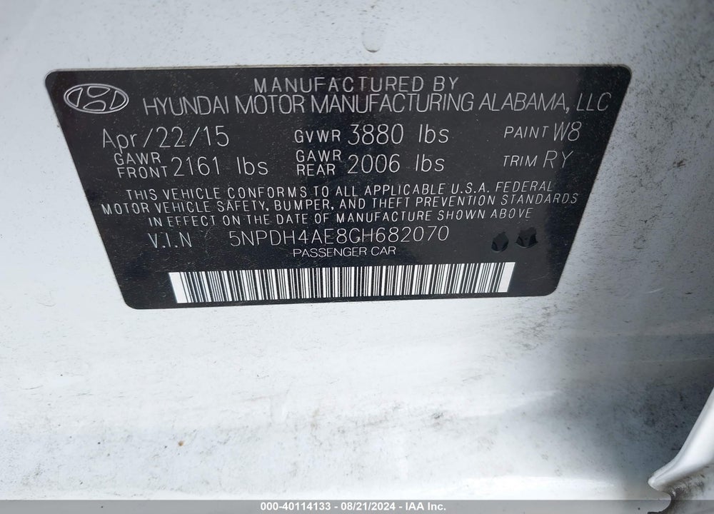 2016 HYUNDAI ELANTRA LIMITED VIN: 5NPDH4AE8GH682070