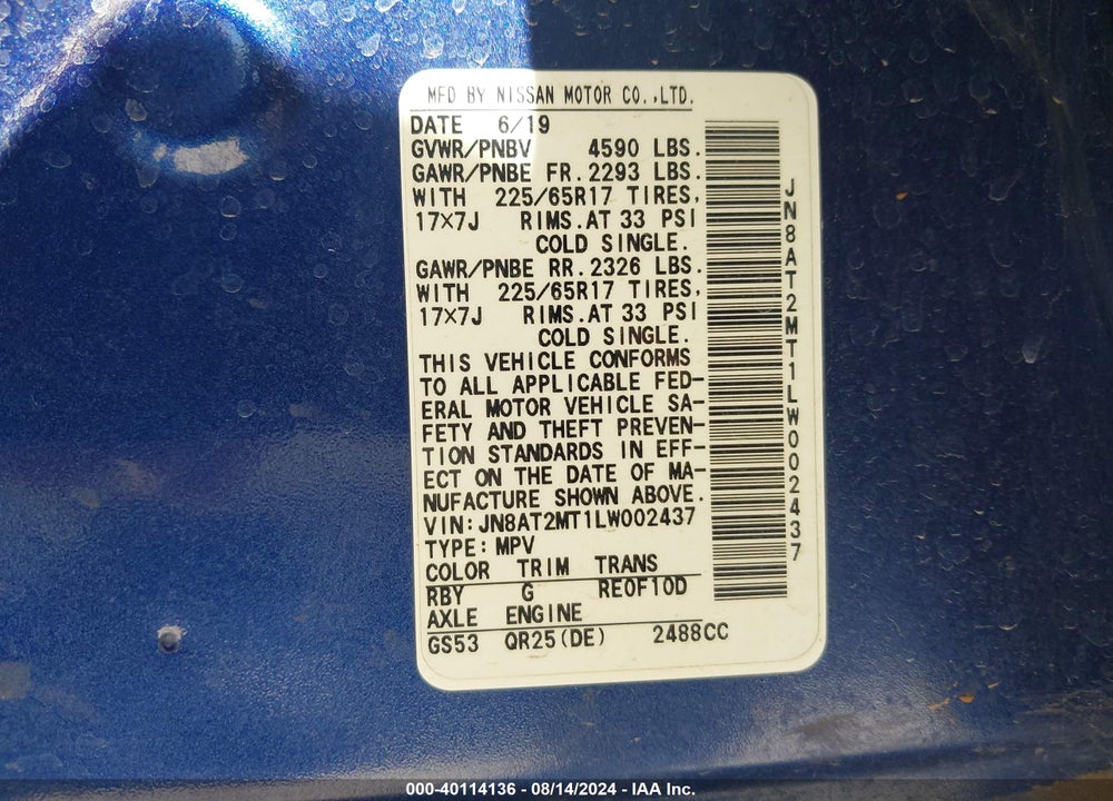 2020 NISSAN ROGUE S FWD VIN: JN8AT2MT1LW002437