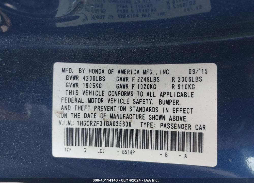 2016 HONDA ACCORD LX VIN: 1HGCR2F31GA035636