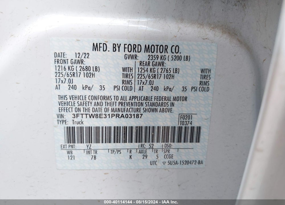 2023 FORD MAVERICK XLT VIN: 3FTTW8E31PRA03187