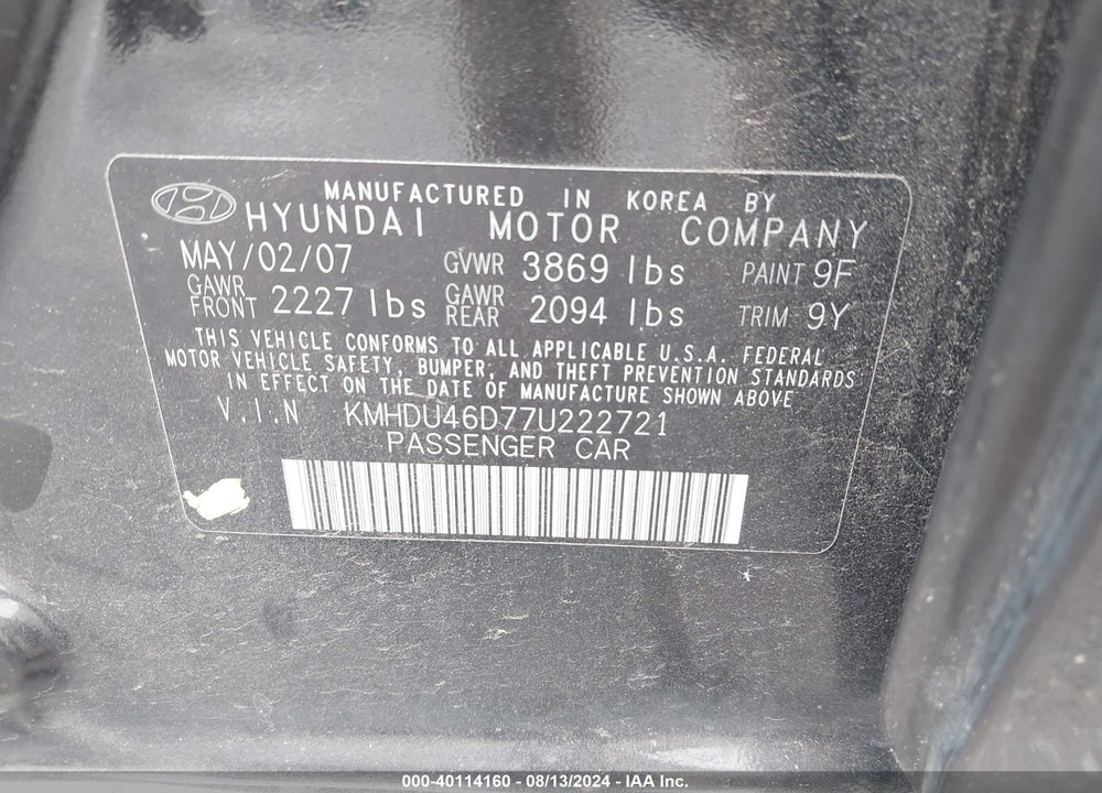 2007 HYUNDAI ELANTRA GLS/LIMITED/SE VIN: KMHDU46D77U222721