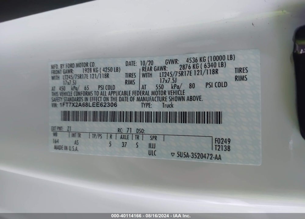 2020 FORD F-250 XL VIN: 1FT7X2A68LEE62306