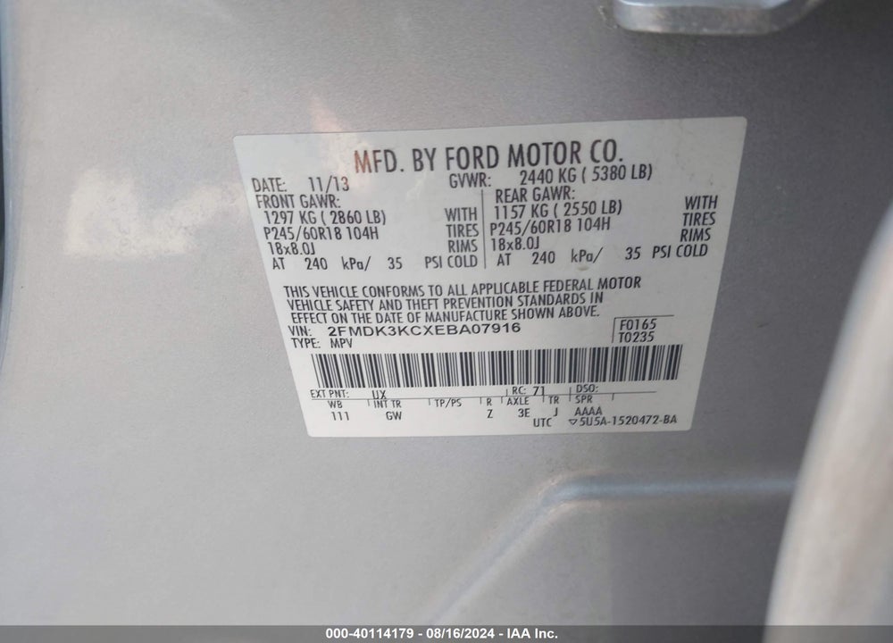 2014 FORD EDGE LIMITED VIN: 2FMDK3KCXEBA07916