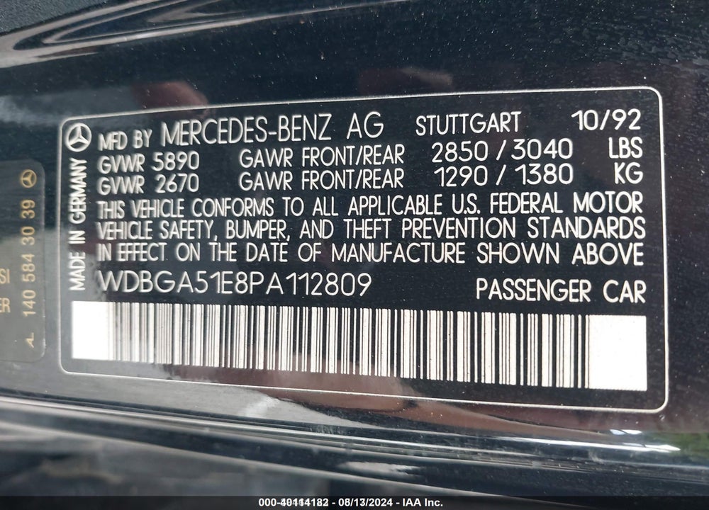 1993 MERCEDES-BENZ 500 SEL VIN: WDBGA51E8PA112809