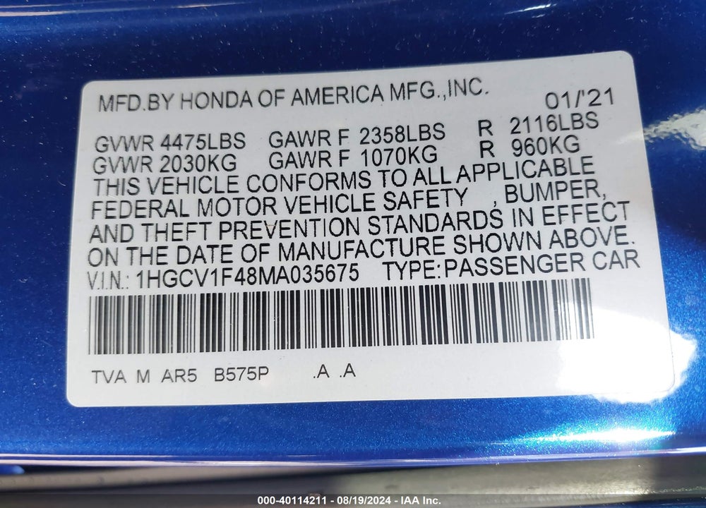 2021 HONDA ACCORD SPORT SPECIAL EDITION VIN: 1HGCV1F48MA035675