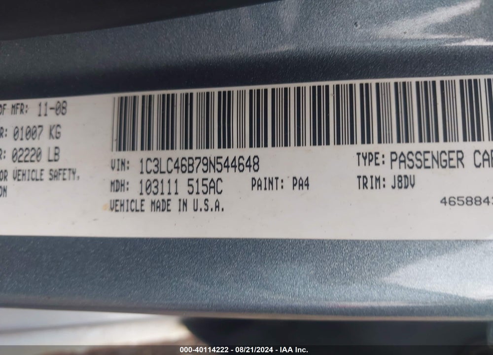 2009 CHRYSLER SEBRING VIN: 1C3LC46B79N544648