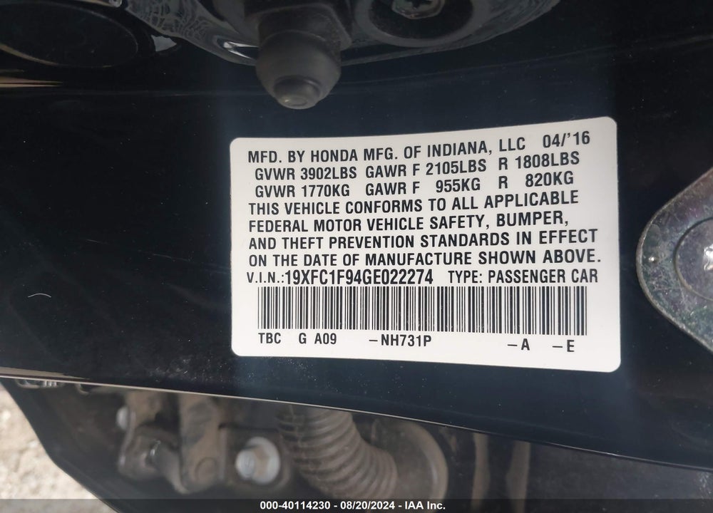 2016 HONDA CIVIC TOURING VIN: 19XFC1F94GE022274