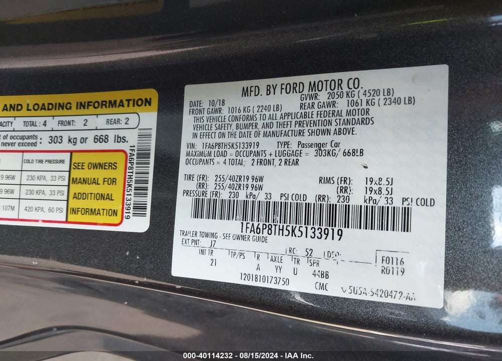 2019 FORD MUSTANG ECOBOOST VIN: 1FA6P8TH5K5133919