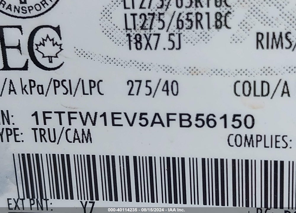 2010 FORD F-150 VIN: 1FTFW1EV5AFB56150