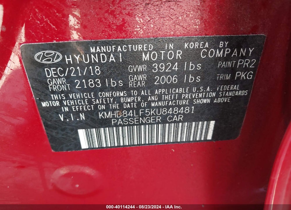 2019 HYUNDAI ELANTRA VIN: KMHD84LF5KU848481