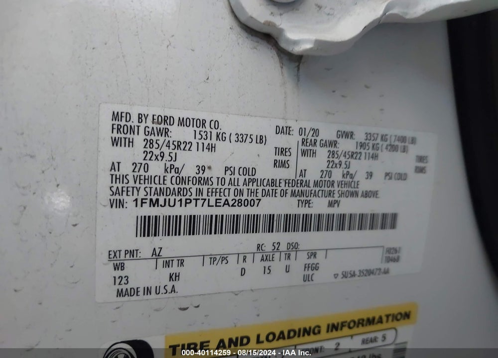 2020 FORD EXPEDITION KING RANCH VIN: 1FMJU1PT7LEA28007