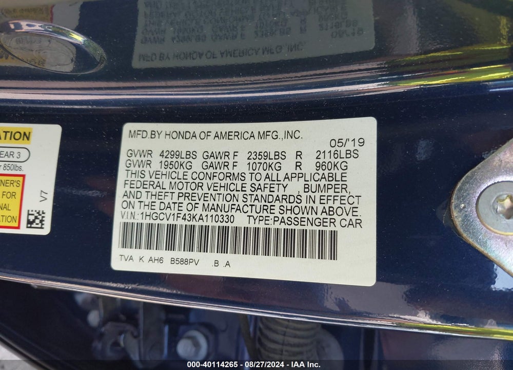 2019 HONDA ACCORD VIN: 1HGCV1F43KA110330