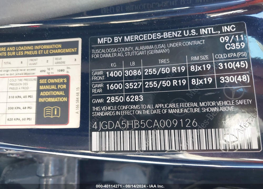 2012 MERCEDES-BENZ ML 350 4MATIC VIN: 4JGDA5HB5CA009126